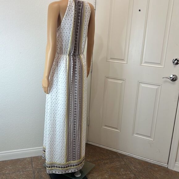 C Dress Size Small Tassel Tie V Neck Sleeveless Maxi White Brown Yellow Lined - Picture 7 of 12
